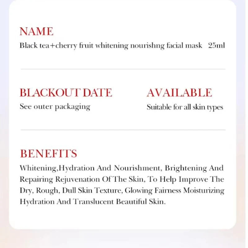 BIOAQUA Black Tea & Cherry Fruit Whitening Nourishing Facial Sheet Mask - 25ml - Each