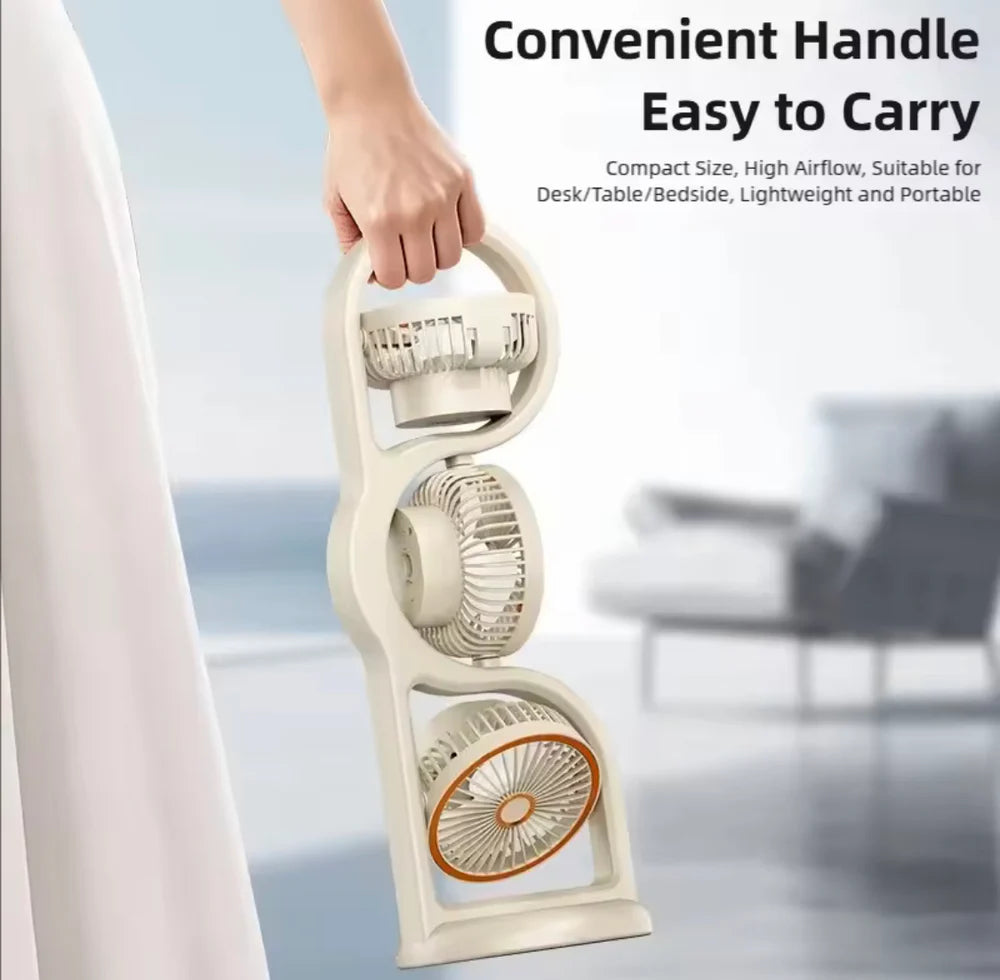 360° Circulation Three Head Table Fan - Rechargeable 5 Speed Wind Desktop Fan