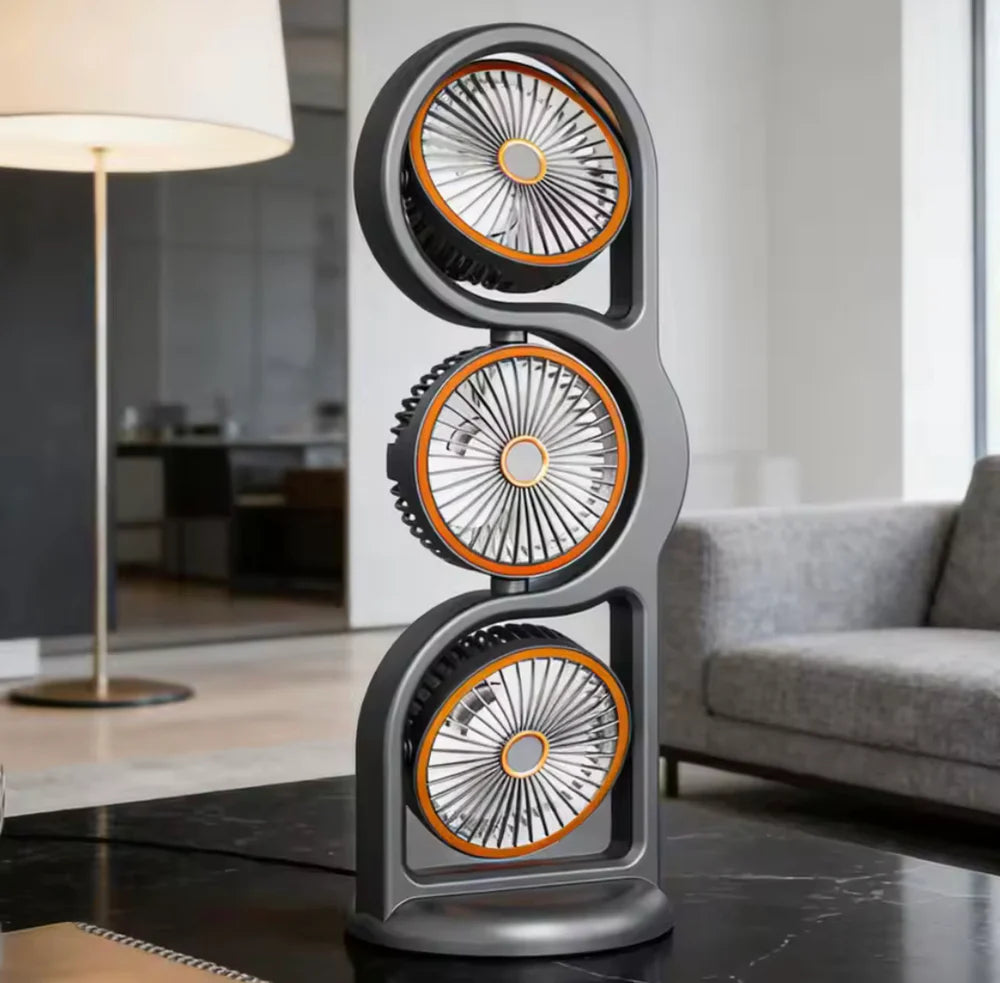 360° Circulation Three Head Table Fan - Rechargeable 5 Speed Wind Desktop Fan