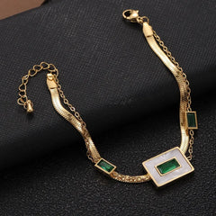 Stainless steel Green stone Square Charm Bracelet  - Each