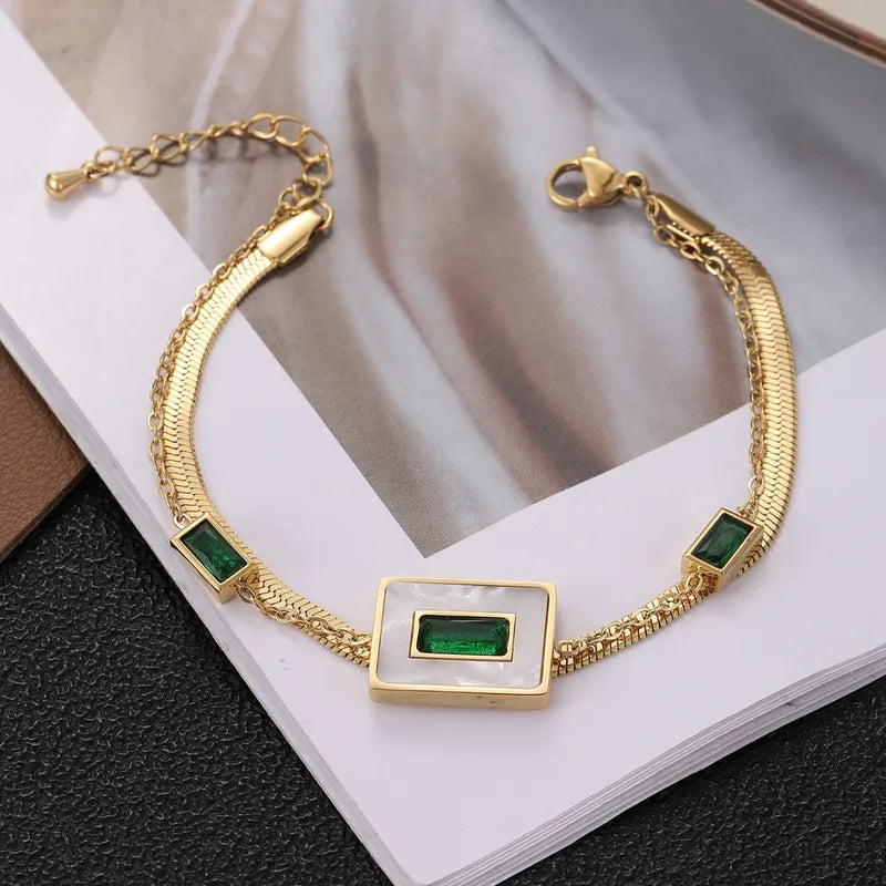 Stainless steel Green stone Square Charm Bracelet  - Each