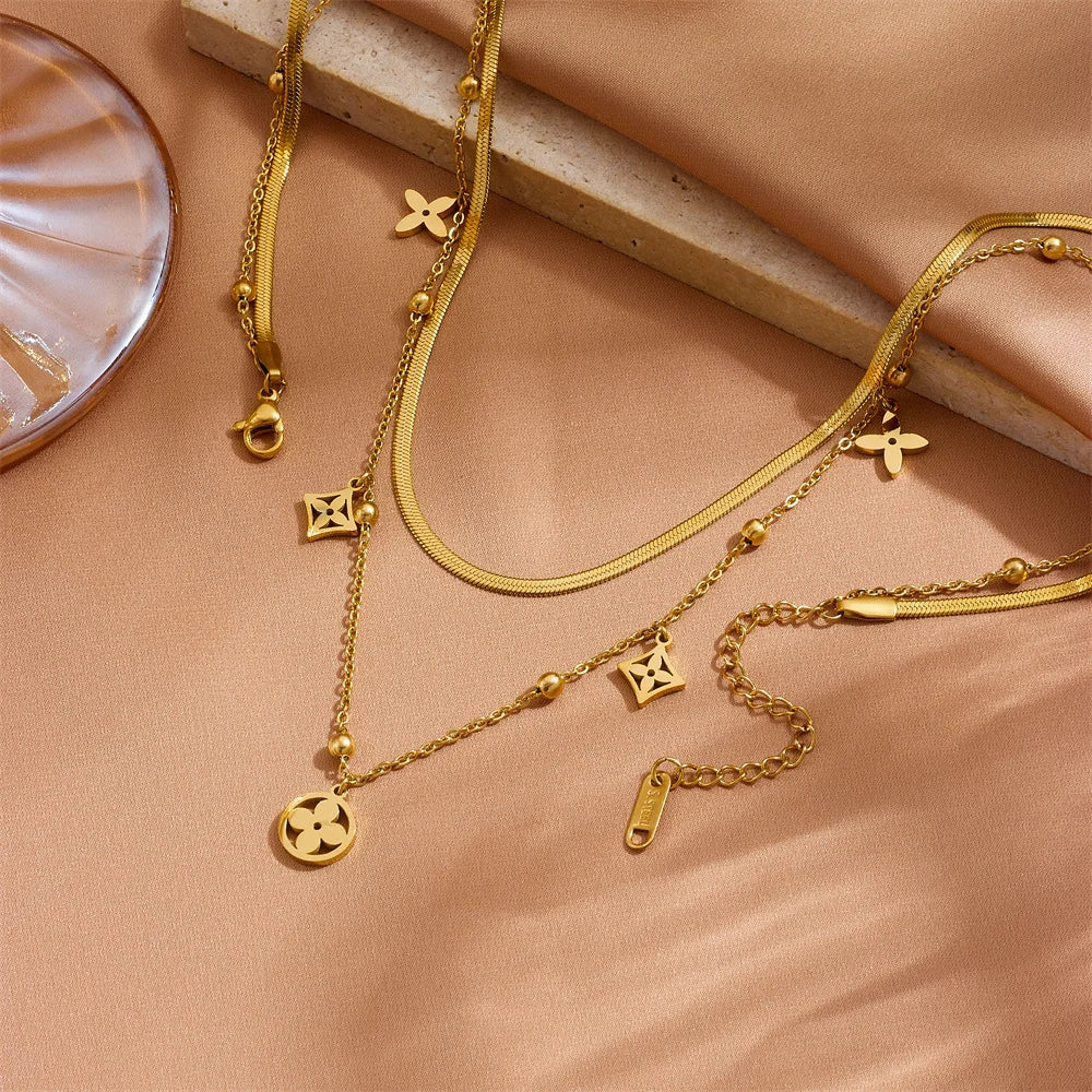 Stainless Steel Clover Cascade Layered Necklace - Each