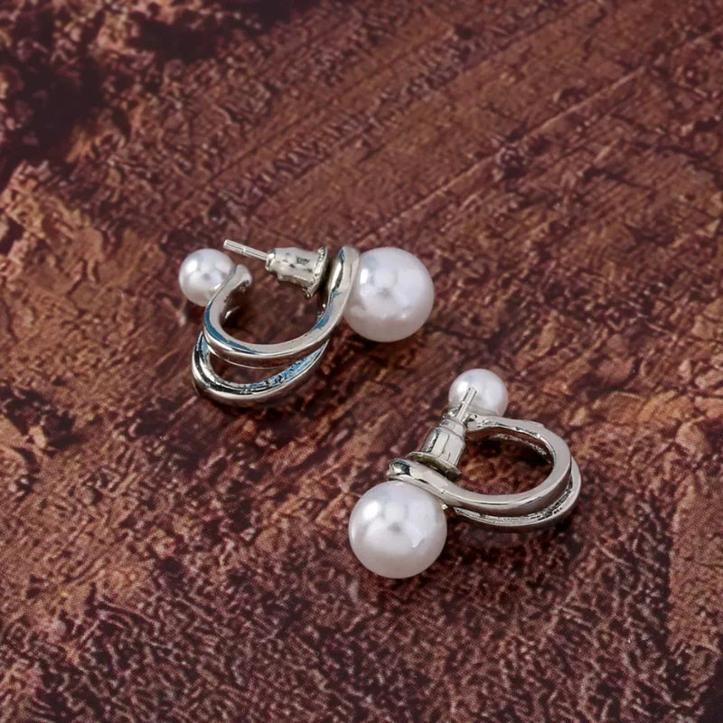Stainless steel White pearl Sliver twisted Pin Earrings - Each Pair