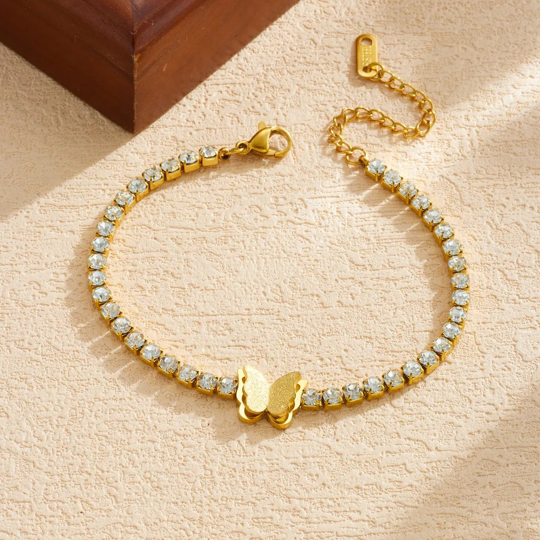 Stainless Steel Cubic Zirconia Gold Tennis Chain Butterfly Charm - Each