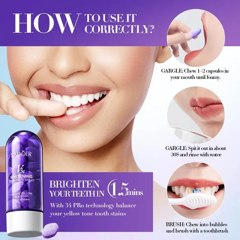 Sadoer V34 Remove Yellow Teeth stains Whitening Toothpaste Tablet - 30 tablets