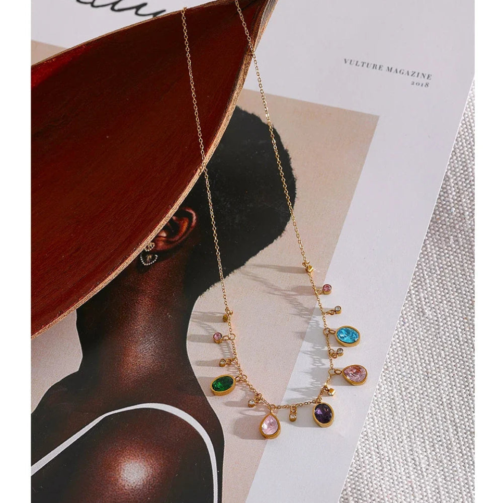 Stainless Steel Cubic Zirconia Multi-Color Geometric Necklace