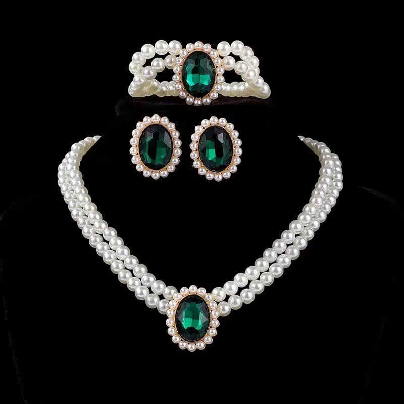 Stone Pearl Combo Jewelry Set – Necklace, Stud Earrings & Bracelet