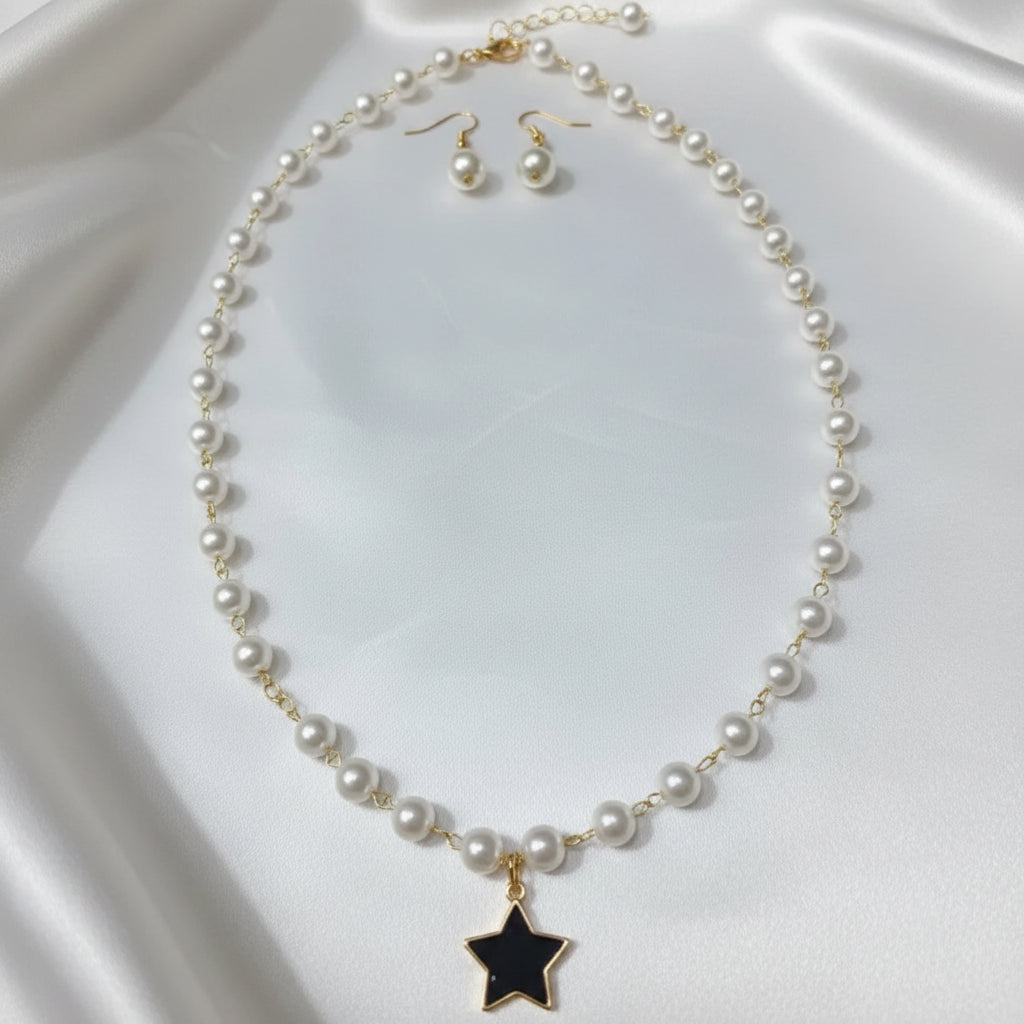 Elegant Star Pendant Pearl Necklace with Matching Earrings Set