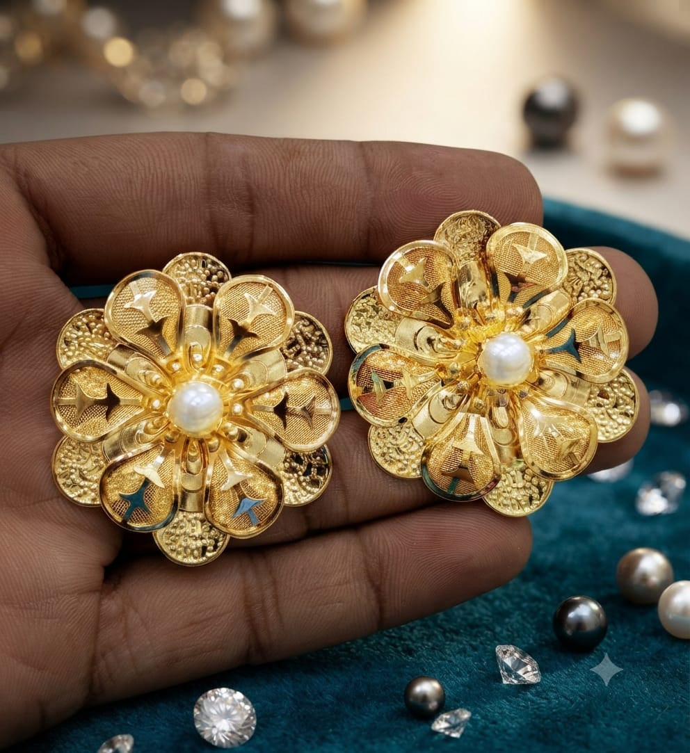 Golden Floral Pearl Stud Earrings