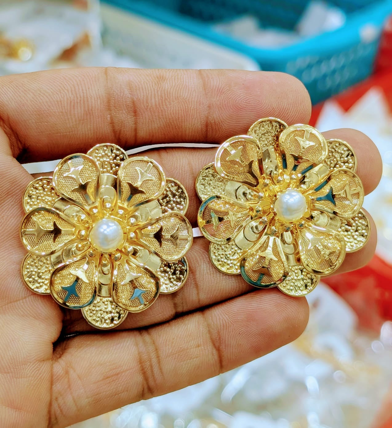Golden Floral Pearl Stud Earrings