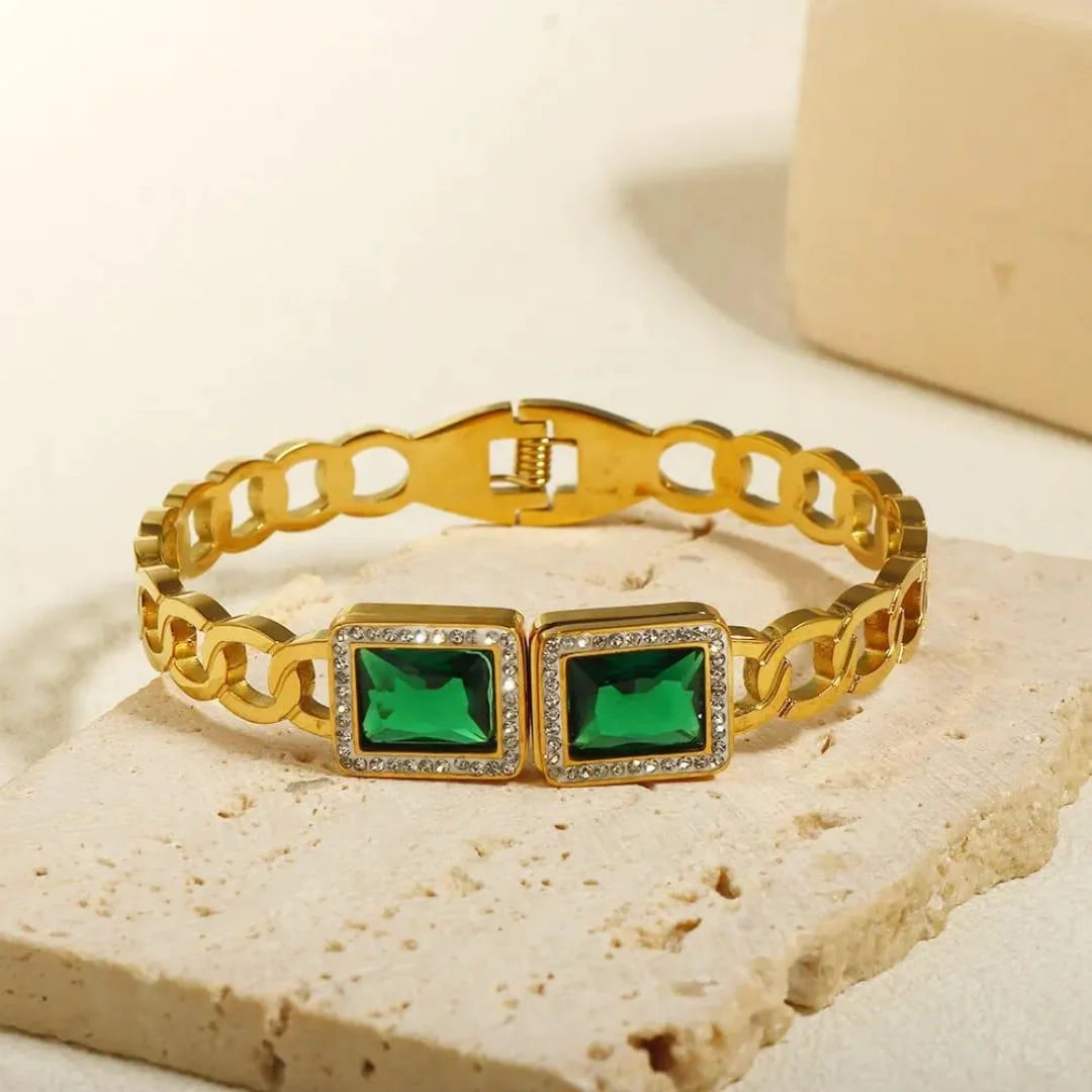 Big Green Square Crystal Zircon Bracelet – Bold Elegance with Luxurious Sparkle