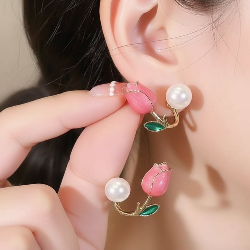 Korean Tulip Pearl Stud Earrings - Each