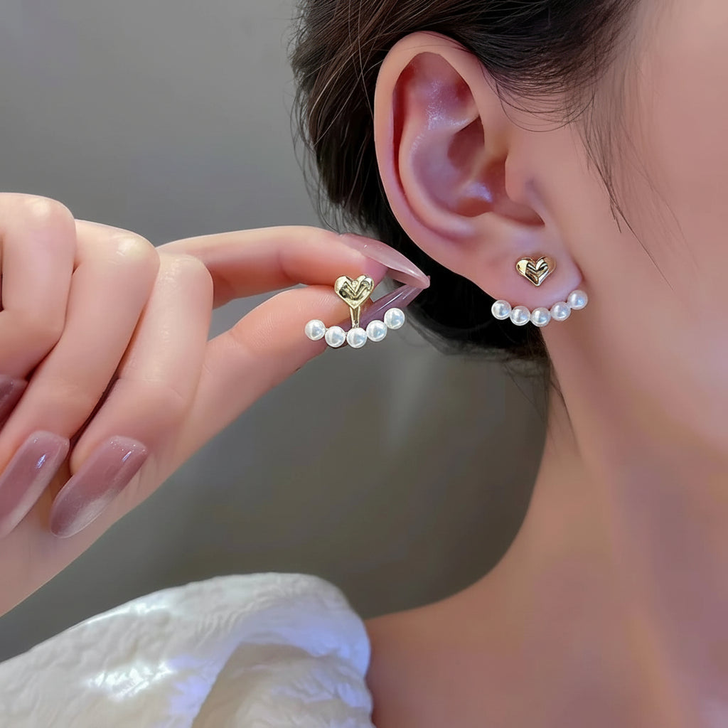 Gold Heart Pearl Jacket Earrings - Each