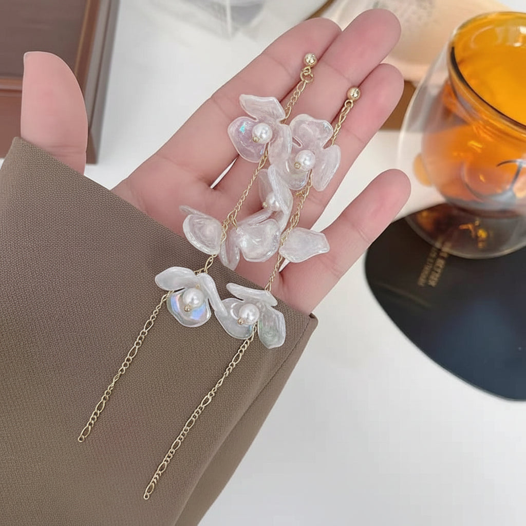 Korean Layered White Flower Dangle Earrings - Each