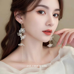 Korean Layered White Flower Dangle Earrings - Each