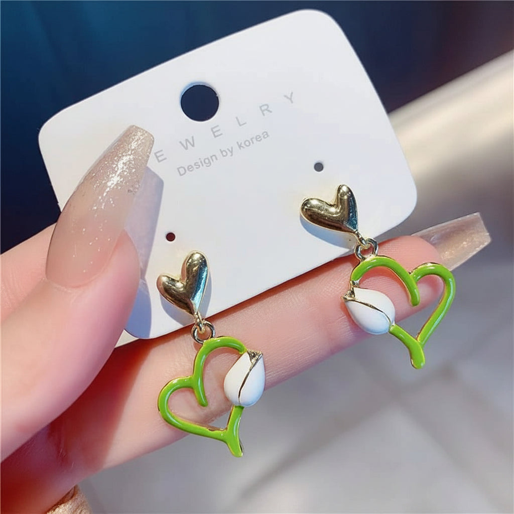 French White Tulip Heart Dangle Earrings - Each