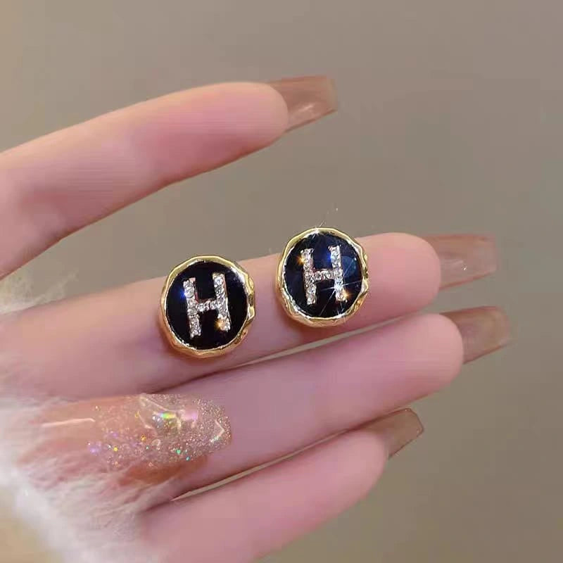 Korean Letter H Rhinestone Stud Earrings - Each