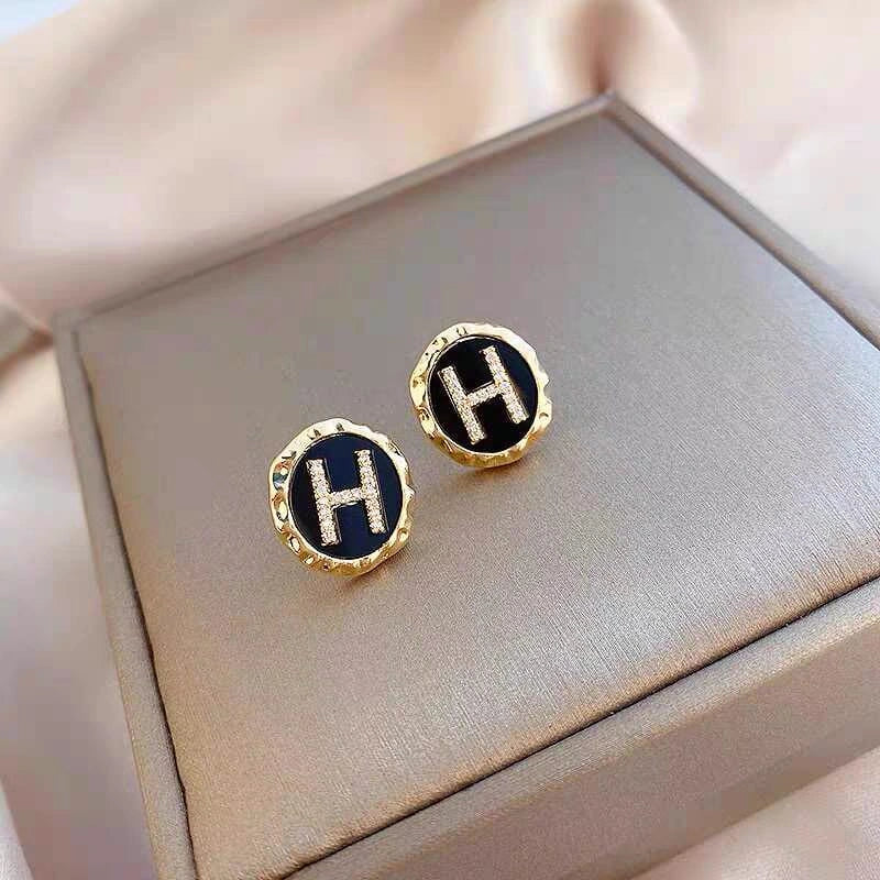 Korean Letter H Rhinestone Stud Earrings - Each