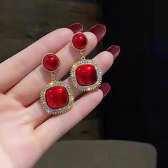 Red Geometric Rhinestone Statement Earrings - Each