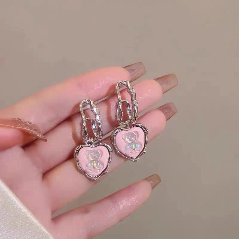 Pink Bear Heart Silver Needle Earrings - Each