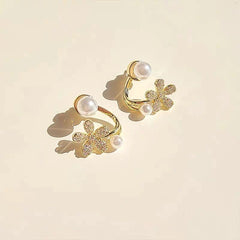 Gold Floral Pearl Crystal Stud Earrings - Each