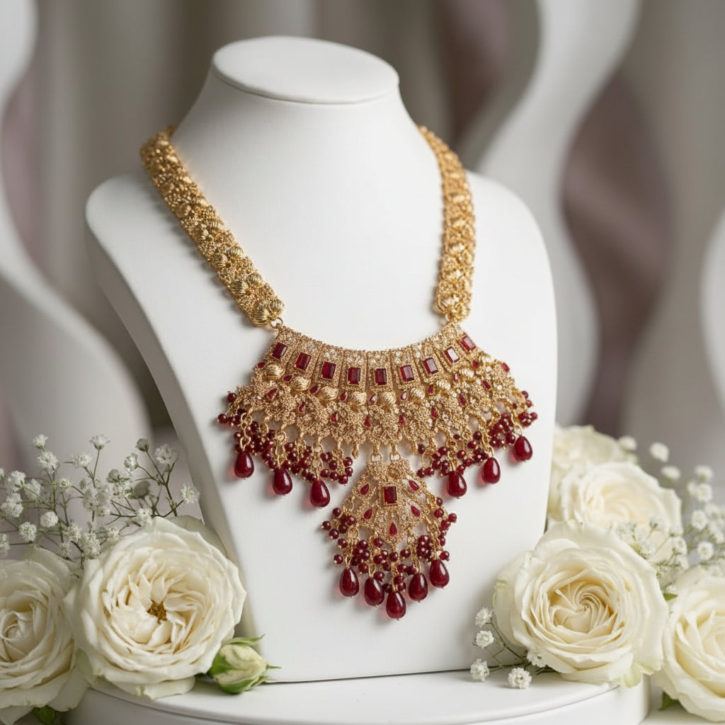 Gold-Tone Ruby Red Bridal Necklace Set