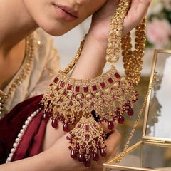 Gold-Tone Ruby Red Bridal Necklace Set