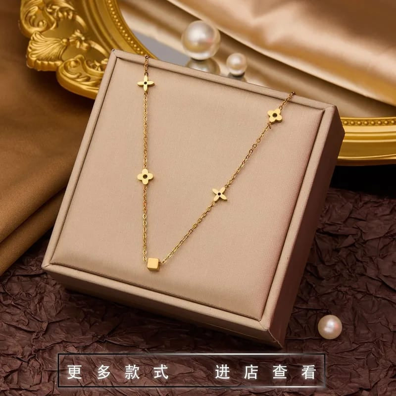 Stainless Steel Small Square Leaf Clover Pendant Necklace