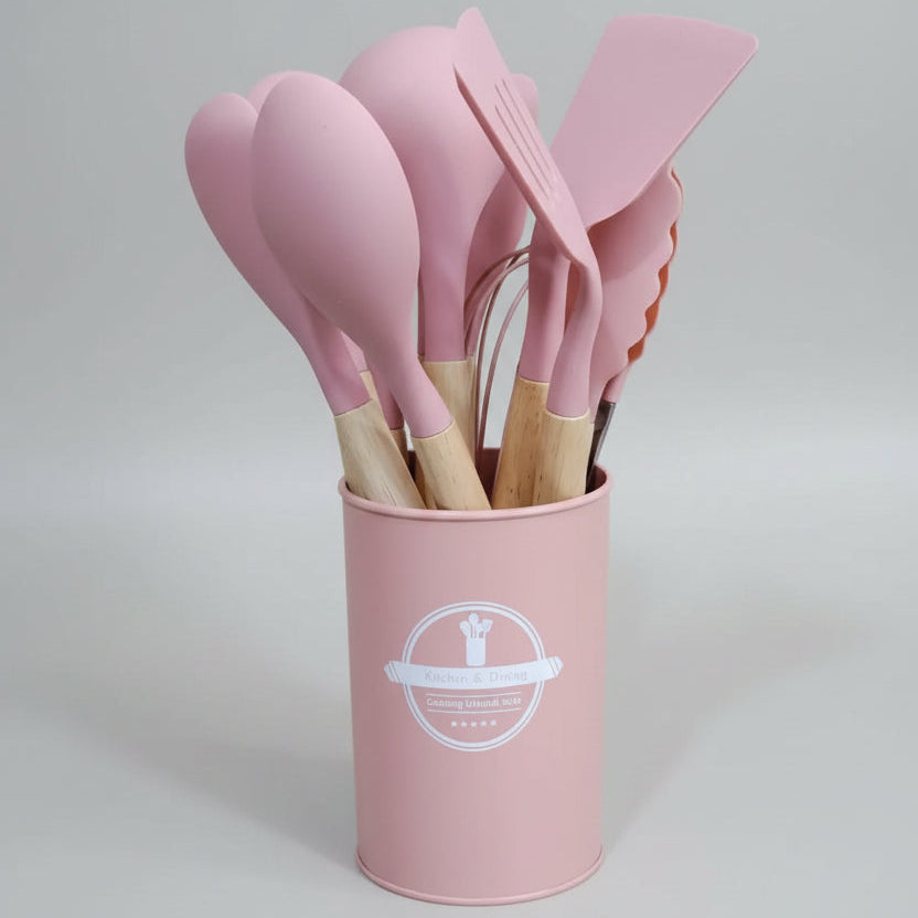 Silicone Kitchenware with Wooden Handle – 12 Pcs Set