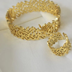 Stainless Steel Leaf-Inspired Cutout Design Cuff Bangle And Ring Set