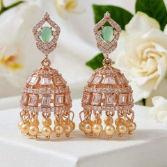 Elegant Gold-Plated Jhumka Earrings with White Zircon & Pearl Drops
