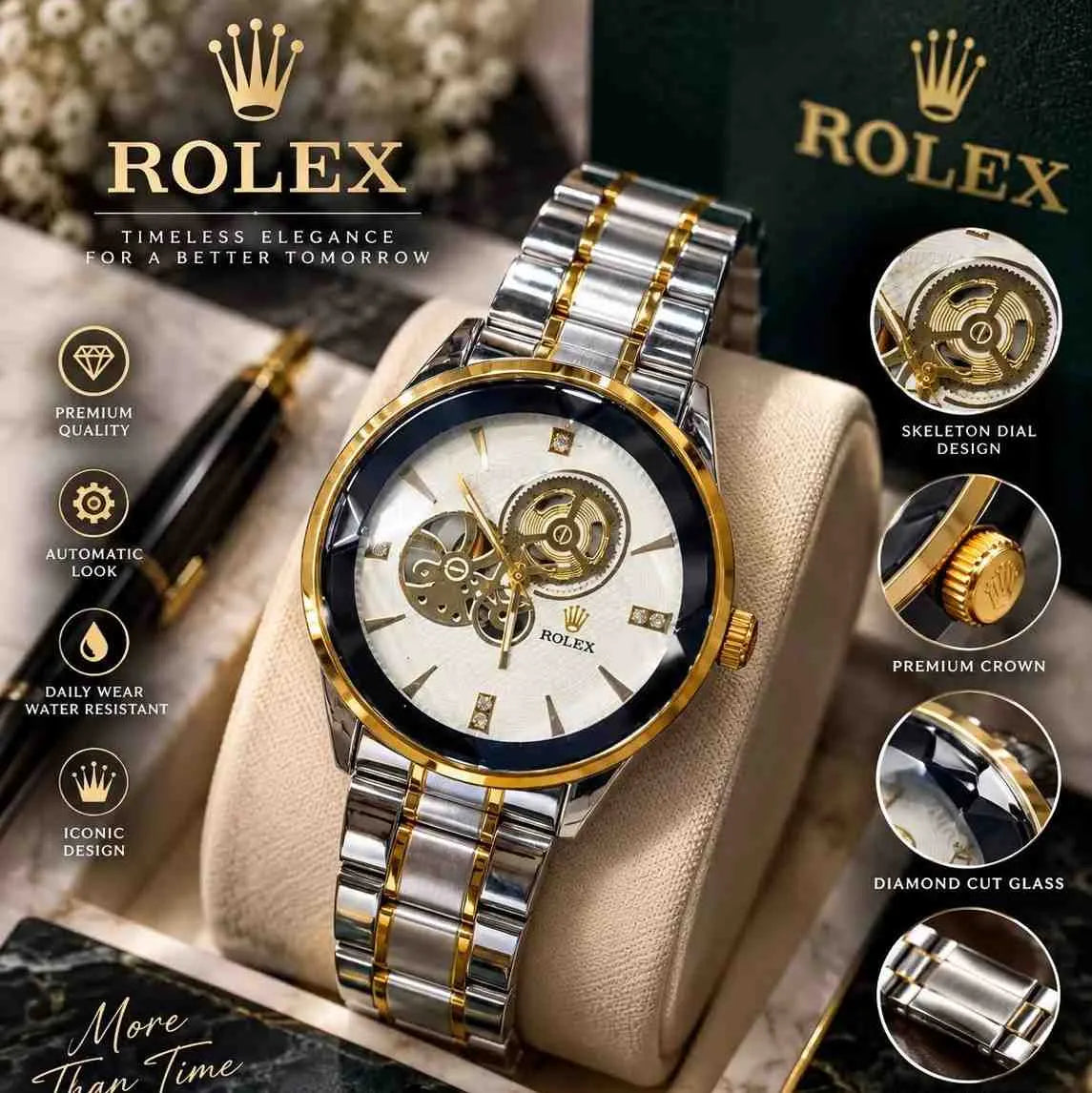 Rolex-style two-tone automatic skeleton men's watch
