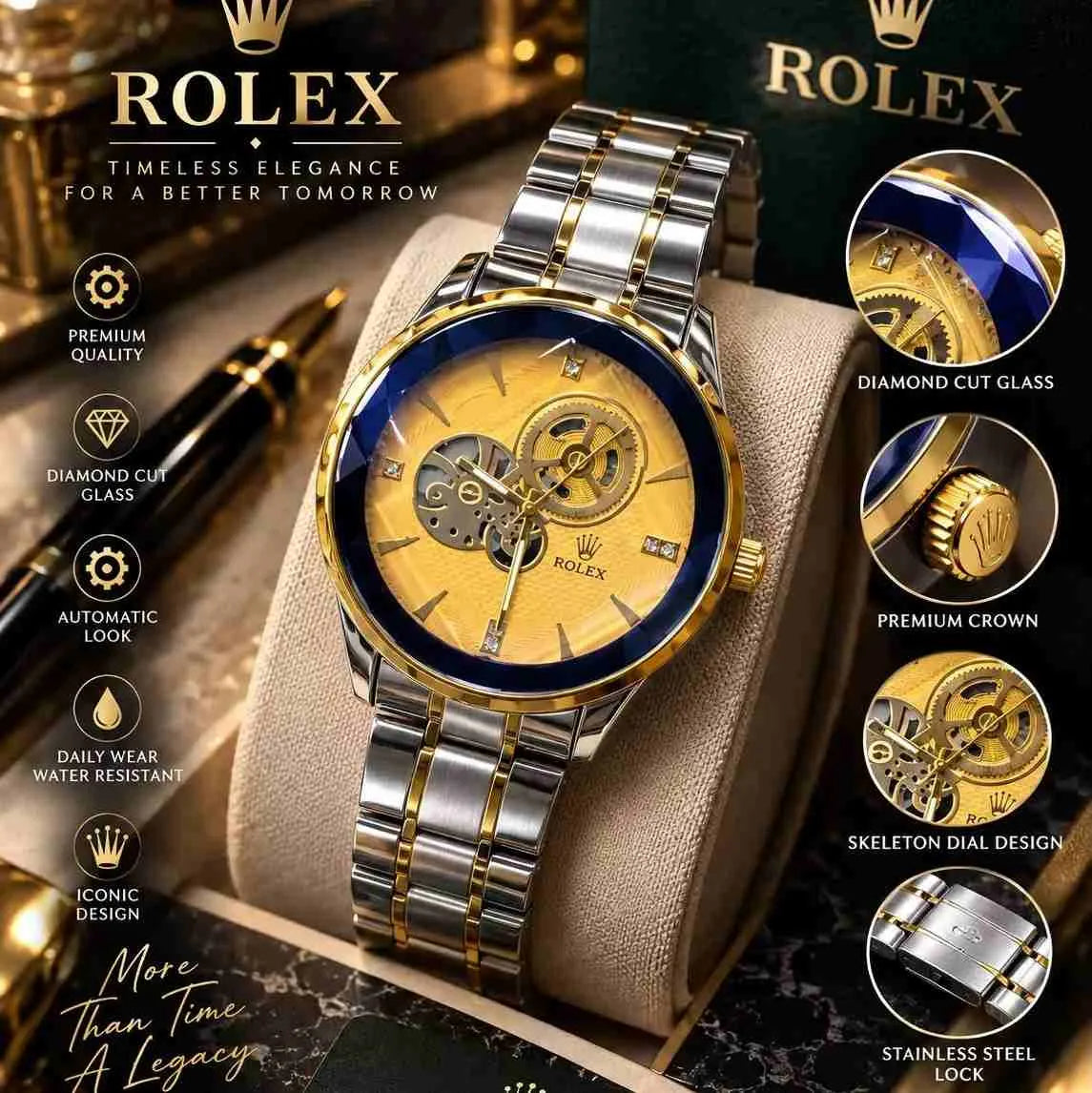 Rolex-style two-tone automatic skeleton men's watch