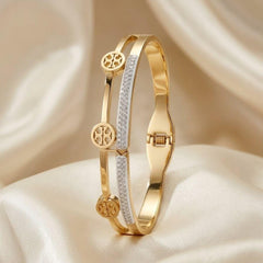 Double-Band Gold-Plated Hinge Bangle with Crystal Accents & Circular Charms - Each