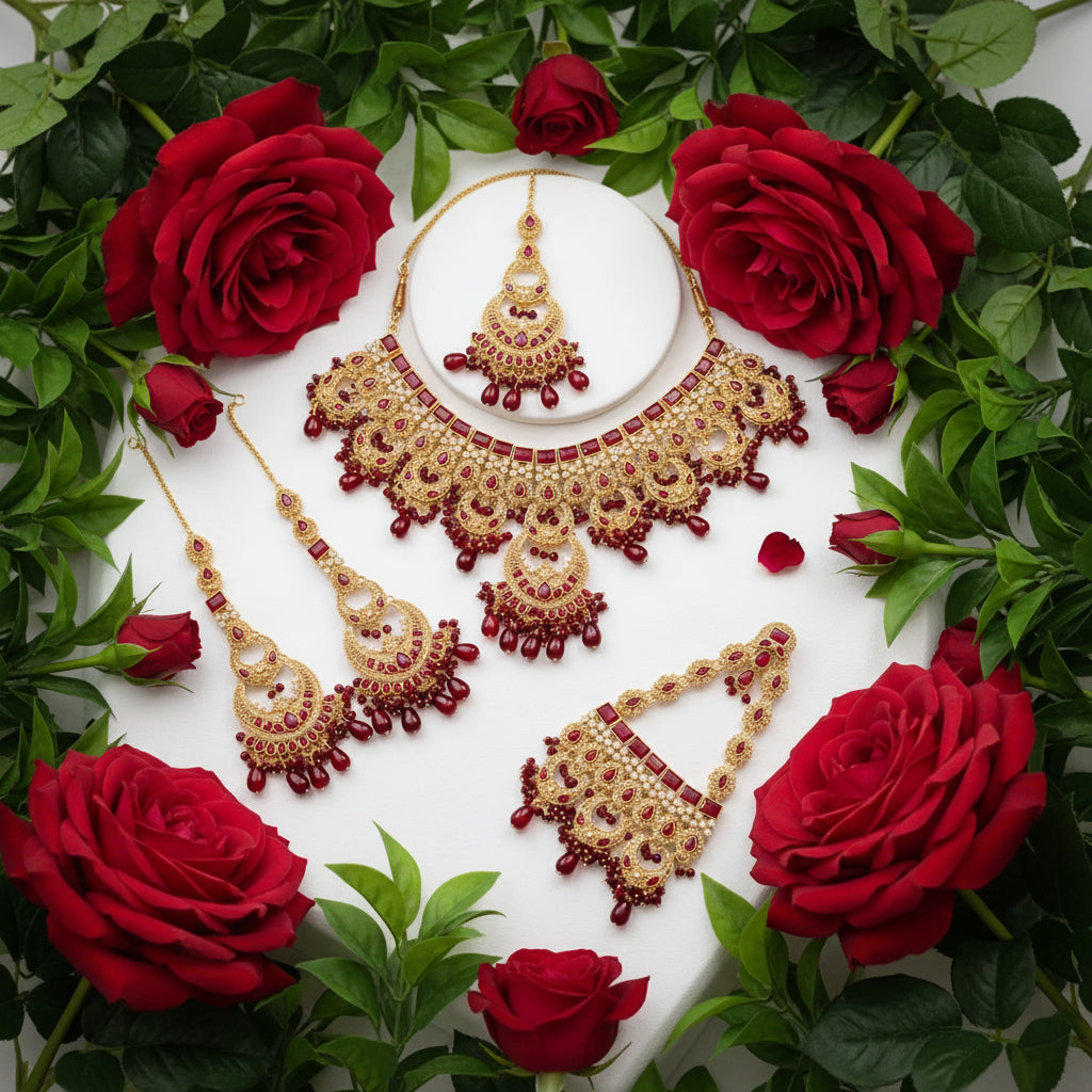 Traditional Maroon and Gold Indian Bridal Jewelry Set