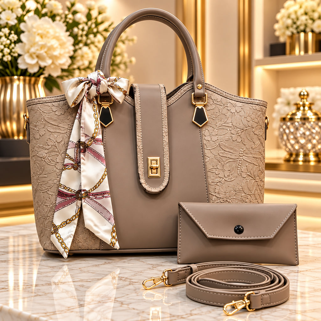 Embossed Floral Leather Womens Handbag Set