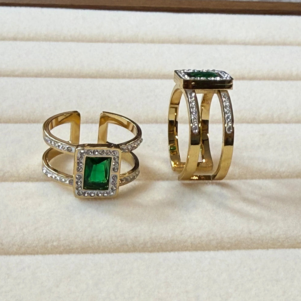 Gold Emerald Halo Double Band Adjustable Ring