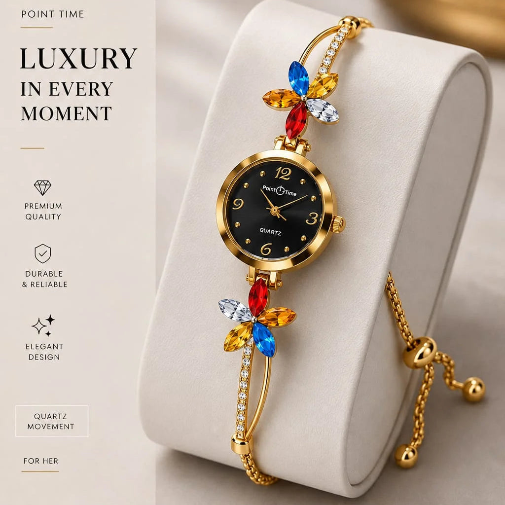 Point Time Women's Black Dial Crystal Watch
