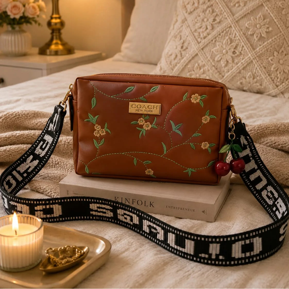 Coach Floral Crossbody Bag with Cherry Charm