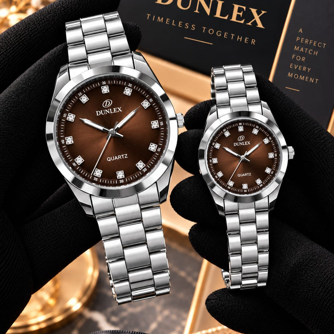 DUNLEX Luxury Couple Watch Pair Set – Brass Case, Steel Chain, Colorful Nugina Dial & Push-Button Lock