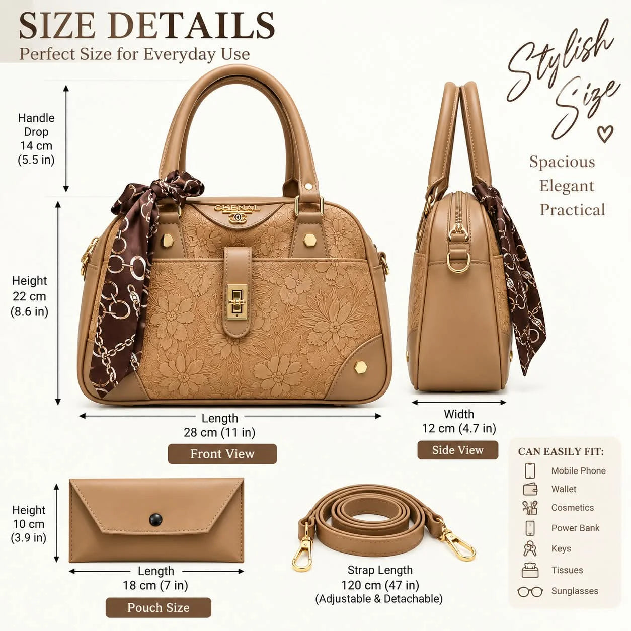 CHENAL Womens Embossed Floral Handbag - 3 Piece Set