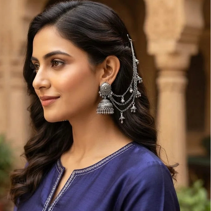 Oxidized Silver Bahubali Jhumkas with Sahara Ear Chains