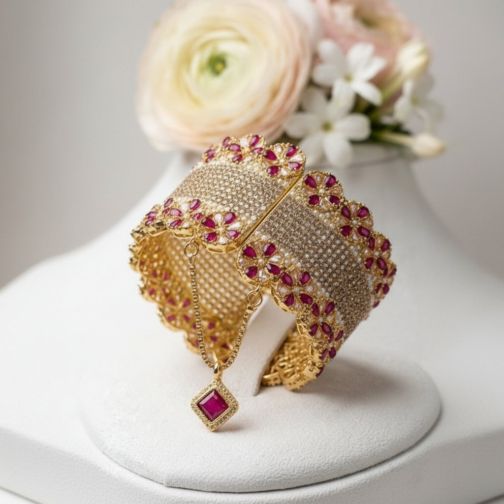 Stainless Steel Opulent Floral Cuff Bracelet - Ruby and Gold Pavé - Each