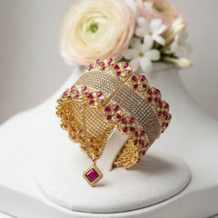 Stainless Steel Opulent Floral Cuff Bracelet - Ruby and Gold Pavé - Each