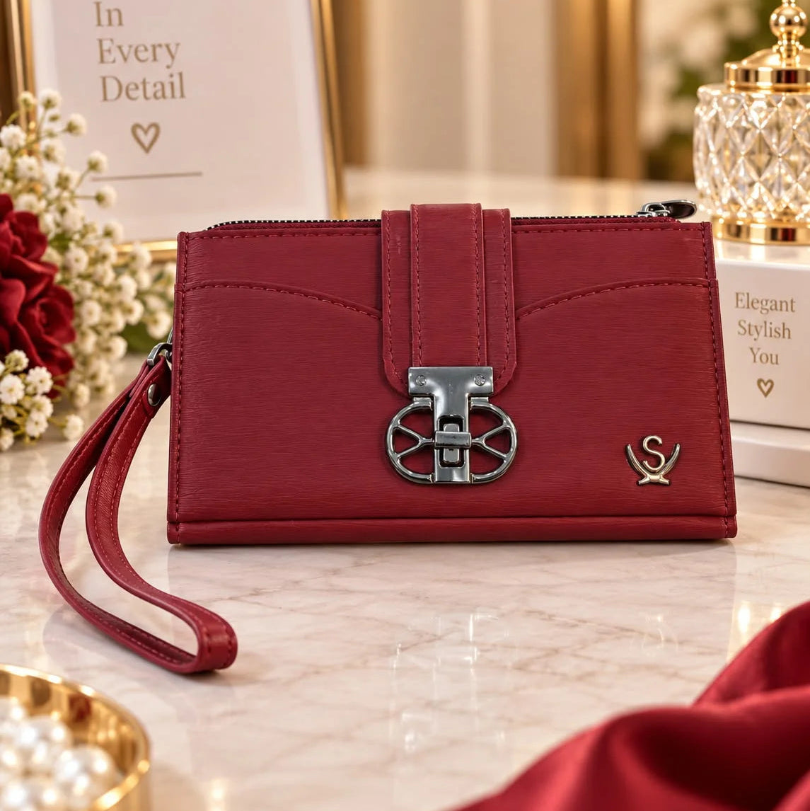 Womens Elegant Textured Faux Leather Wristlet Clutch