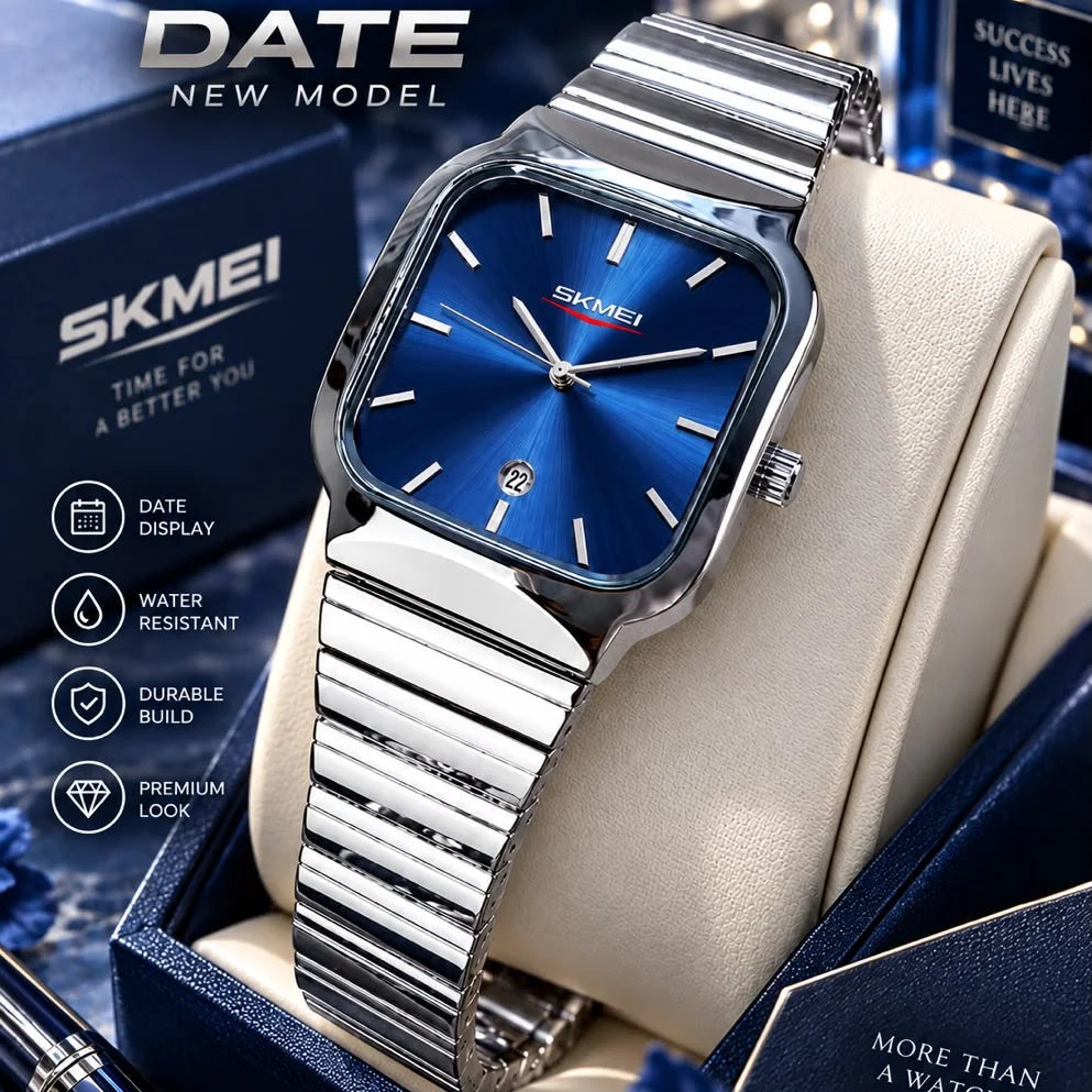 SKMEI Date Square Stainless Steel Quartz Watch