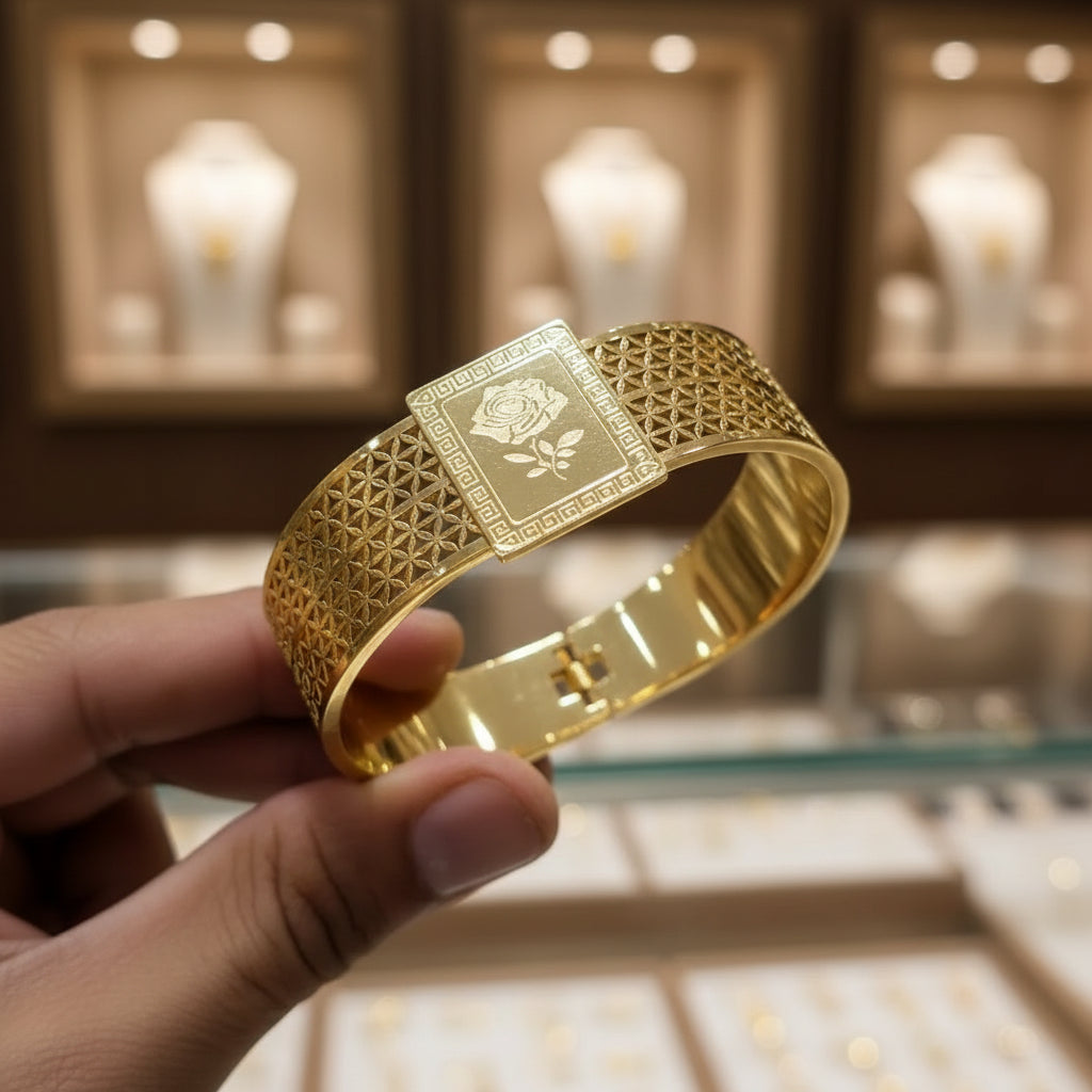 Gold Plated Broad Rose Engraved Cuff Bracelet