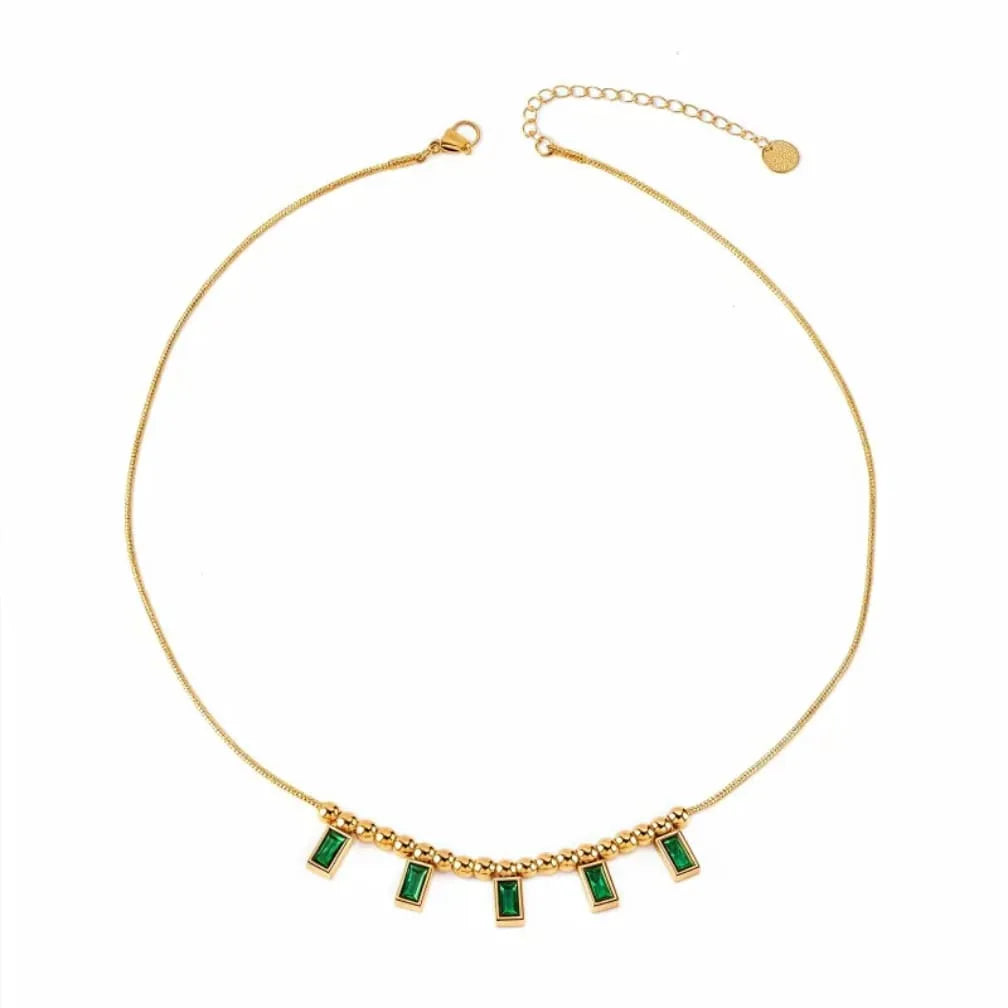 Gold Plated Green Rectangular Zircon Gemstone Charm Necklace