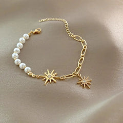 Gold Pearl & Link Starburst Bracelet