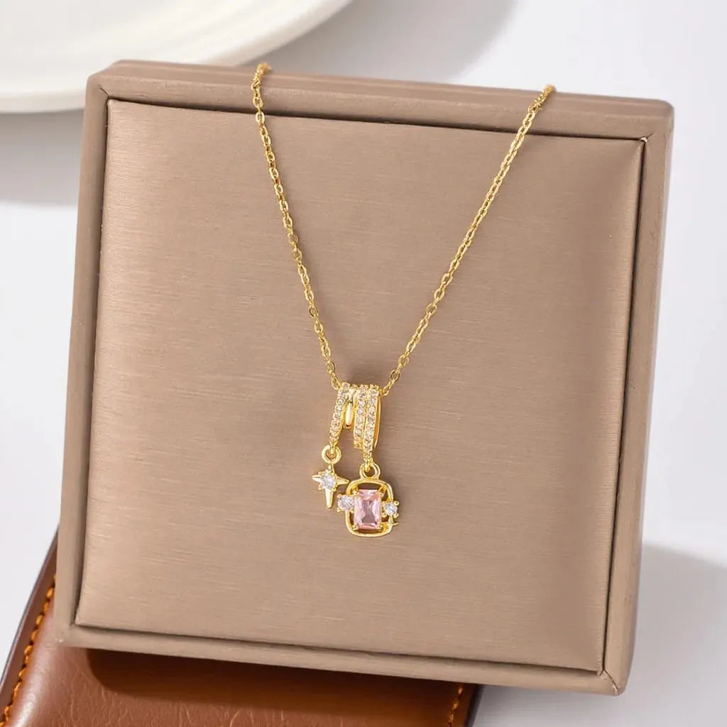 Gold Plated Pink Zircon Gemstone & Star Dangle Pendant Necklace